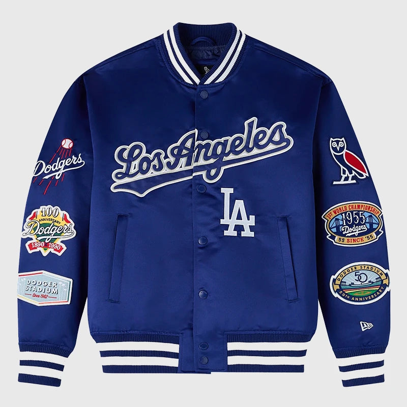 OVO x New Era x MLB Dodgers Varsity Jacket Varsity Jacket unisex front product view | Dash Racegear — MLB Heritage Meets OVO Cool – Dodgers Varsity by New Era