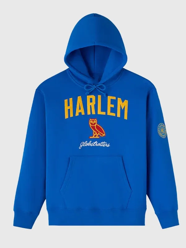 OVO Harlem Globetrotters Hoodie Hoodie unisex front product view | Dash Racegear — Harlem Globetrotters blue pullover fleece hoodie with soft lining, perfect for fans on casual days.