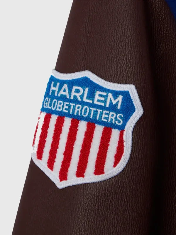 OVO Harlem Globetrotters Varsity Jacket Varsity Jacket unisex detail view 4 | Dash Racegear — OVO Harlem Globetrotters varsity jacket in blue & brown, leather sleeves and snap front, great for everyday wear.