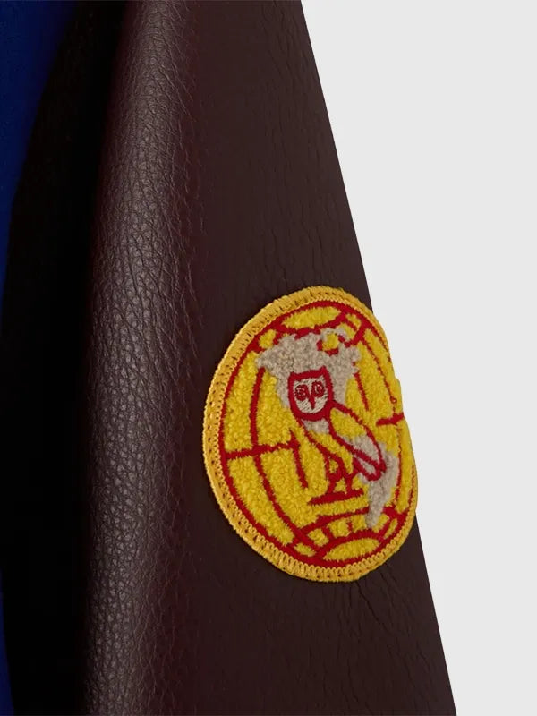 OVO Harlem Globetrotters Varsity Jacket Varsity Jacket unisex detail view 3 | Dash Racegear — Blue & brown OVO Harlem Globetrotters varsity jacket, wool and leather combo, ideal for casual stylish outfits.