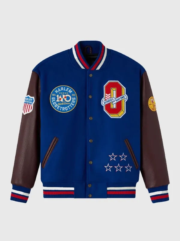 OVO Harlem Globetrotters Varsity Jacket Varsity Jacket unisex front product view | Dash Racegear — Blue brown OVO Harlem Globetrotters varsity jacket with wool body, perfect for fans on casual outings.