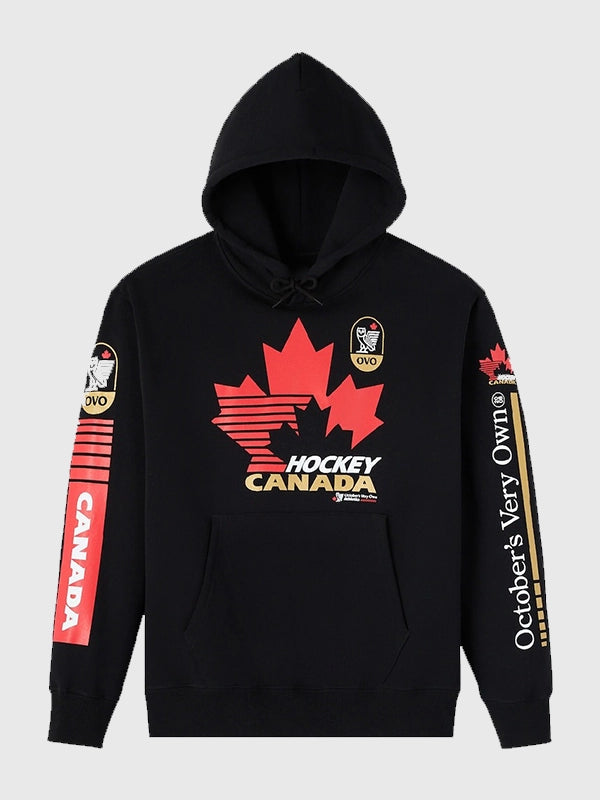 OVO x Hockey Canada Fleece Hoodie Hoodie unisex front product view | Dash Racegear — Cheer in comfort with the OVO Hockey Canada Black Pullover Hoodie, featuring fleece warmth and a bold, iconic look.