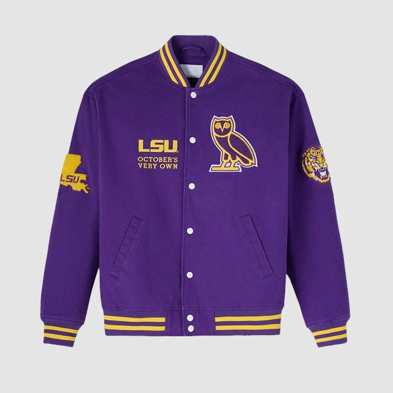 OVO LSU Tigers Varsity Jacket Varsity Jacket unisex front product view | Dash Racegear — Exclusive OVO LSU Tigers Varsity – Elevate Your Game Day Look