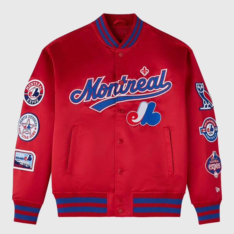 OVO x New Era x MLB Montreal Expos Varsity Jacket Varsity Jacket unisex front product view | Dash Racegear — 2025 OVO x Expos Varsity Jacket – A Montreal Classic Elevated
