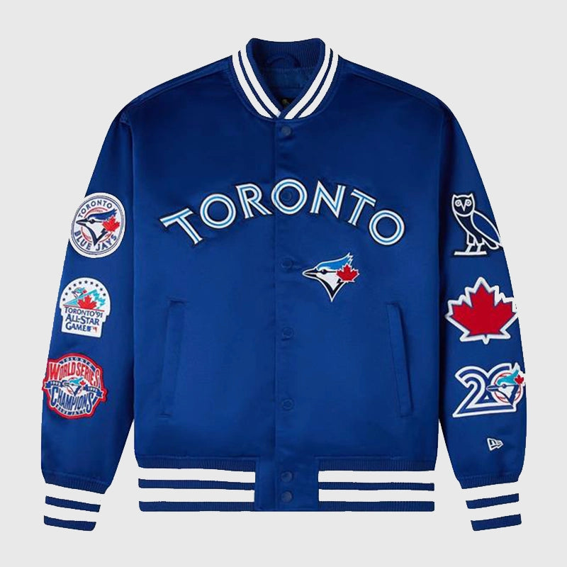 OVO x New Era x MLB Toronto Varsity Jacket Varsity Jacket unisex front product view | Dash Racegear — OVO x Toronto Varsity Jacket – MLB x New Era Collab