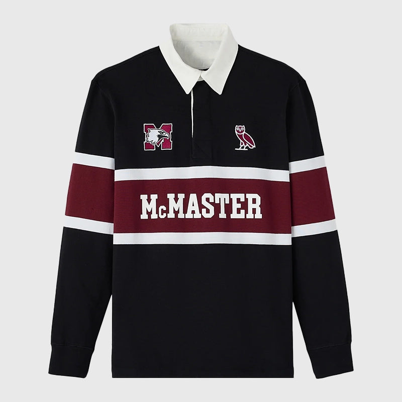 OVO McMaster University Rugby Polo Shirt Shirt unisex front product view | Dash Racegear — OVO McMaster Rugby Polo Shirt – Limited Campus Collection