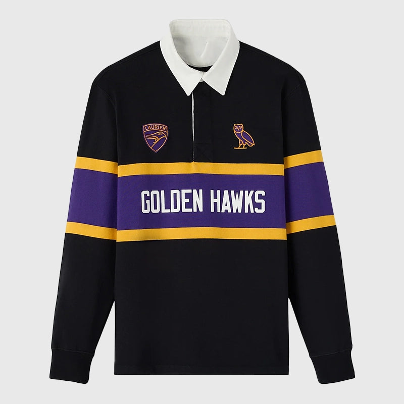OVO Wilfrid Laurier University Rugby Polo Shirt Shirt unisex front product view | Dash Racegear — OVO Rugby Polo Shirt – Wilfrid Laurier University Collab Look