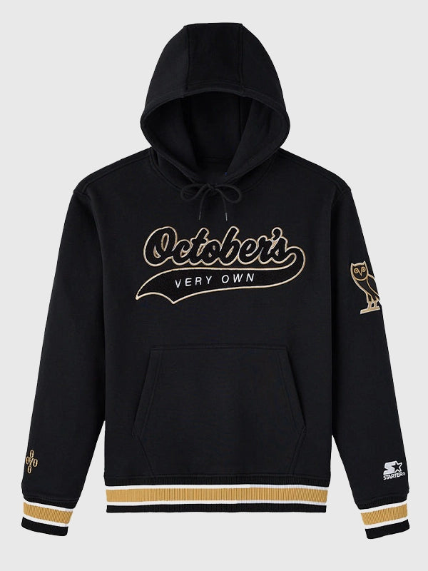 OVO X STARTER Team Script Hoodie Hoodie unisex front product view | Dash Racegear — OVO x STARTER black Team Script pullover, street-style inspired hoodie