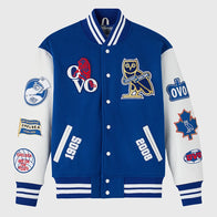 OVO x Chelsea FC Varsity Jacket Varsity Jacket unisex front product view | Dash Racegear — Chelsea pride meets OVO style in this blue and white varsity jacket