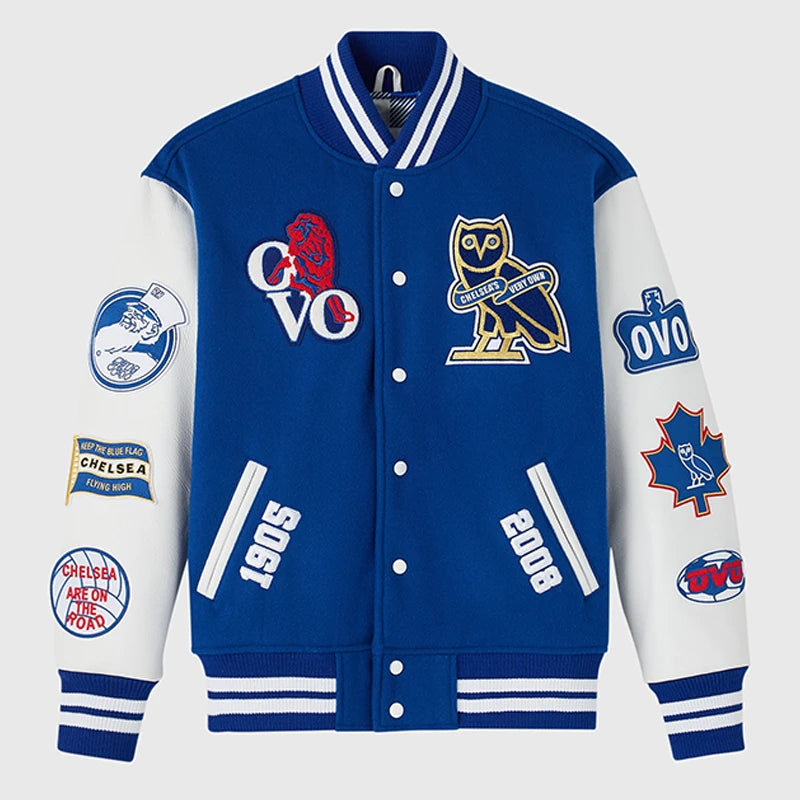 OVO x Chelsea FC Varsity Jacket Varsity Jacket unisex front product view | Dash Racegear — Chelsea pride meets OVO style in this blue and white varsity jacket
