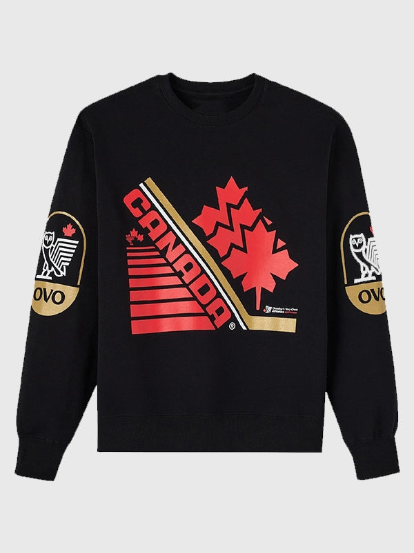 OVO x Hockey Canada Fleece Sweatshirt Sweatshirt unisex front product view | Dash Racegear — Stay game-ready in the OVO x Hockey Canada Black Fleece Sweatshirt, designed for fans who love comfort and style.