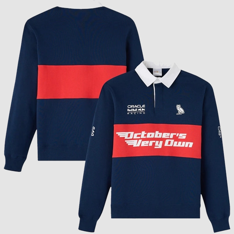 OVO x Red Bull Racing Fleece Rugby Sweatshirt Sweatshirt unisex front product view | Dash Racegear — Limited Edition Rugby Sweatshirt – OVO x Red Bull Racing