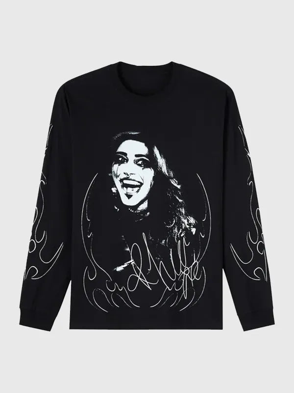OVO x WWE Rhea Ripley Long-Sleeve T-Shirt Shirt unisex front product view | Dash Racegear — OVO x WWE Rhea Ripley black long-sleeve T-shirt, bold wrestling streetwear with sleek edgy style.