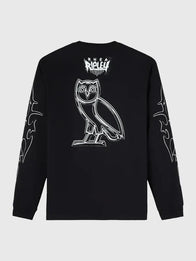OVO x WWE Rhea Ripley Long-Sleeve T-Shirt Shirt unisex detail view 2 | Dash Racegear — WWE Rhea Ripley OVO black long-sleeve tee, soft cotton for casual sporty and fan streetwear looks.