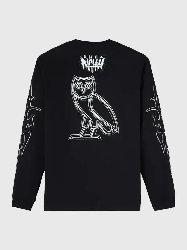 OVO x WWE Rhea Ripley Long-Sleeve T-Shirt Shirt unisex detail view 2 | Dash Racegear — WWE Rhea Ripley OVO black long-sleeve tee, soft cotton for casual sporty and fan streetwear looks.