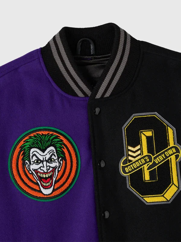 OVO Batman x The Joker Split Varsity Jacket Varsity Jacket unisex detail view 3 | Dash Racegear — Black & purple OVO Batman x Joker varsity jacket, 2026 edition, unisex fit for fan fashion.
