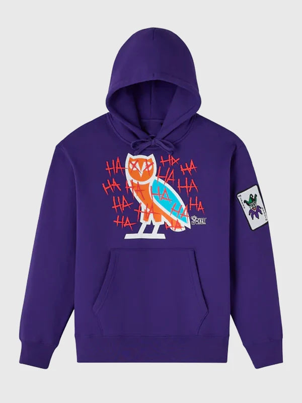 OVO The Joker Defaced Hoodie Hoodie unisex front product view | Dash Racegear — OVO 2026 The Joker Defaced pullover hoodie in purple, cozy fleece for fans’ streetwear looks.