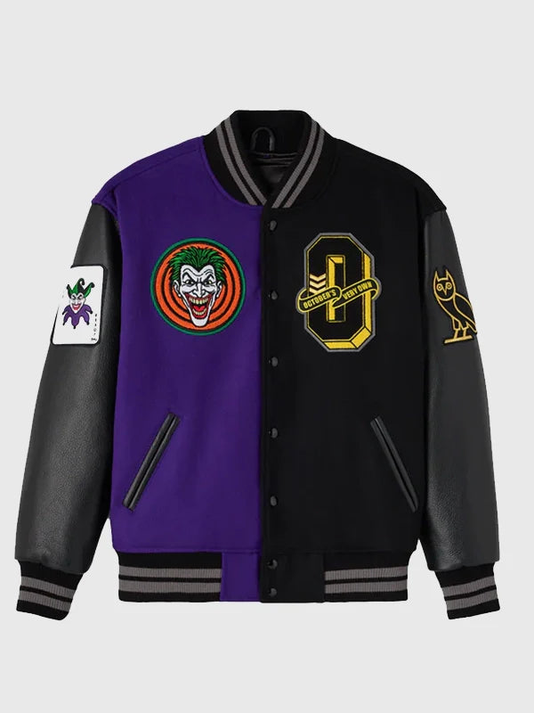 OVO Batman x The Joker Split Varsity Jacket Varsity Jacket unisex front product view | Dash Racegear — Black & purple OVO 2026 Batman x Joker varsity jacket, classic fit and bold design for fans.