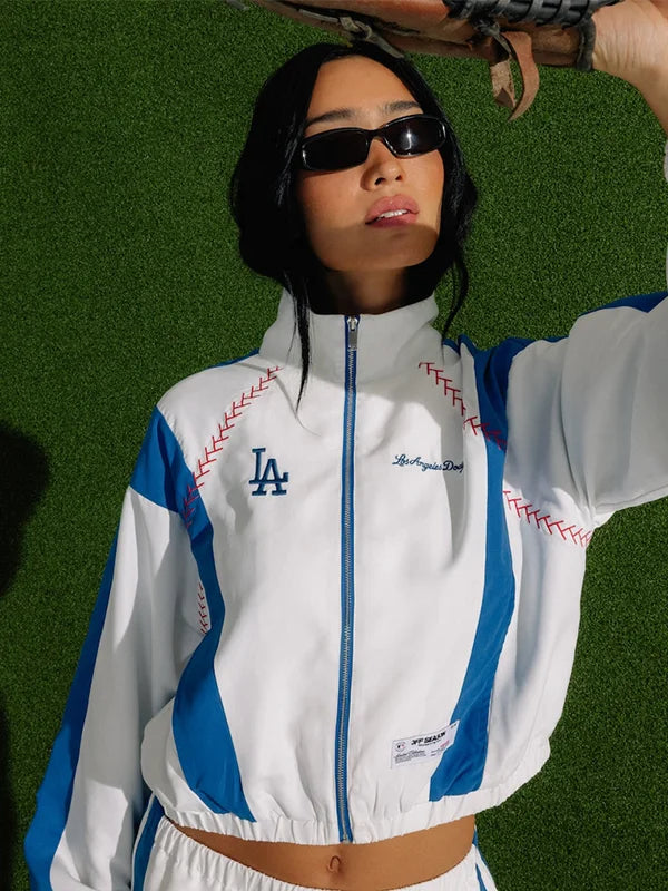 Los Angeles Dodgers Off Season x MLB Track Jacket Jacket unisex front product view | Dash Racegear — Los Angeles Dodgers Off Season x MLB White Lightweight Full-Zip Track Jacket featuring premium comfort and clean athletic-inspired everyday style.