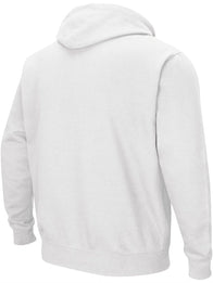 Miami Hurricanes Arch & Logo Pullover Hoodie Hoodie unisex detail view 3 | Dash Racegear — Recreation Miami Hurricanes arch and logo hoodie in white with a cozy fleece build and classic pullover silhouette
