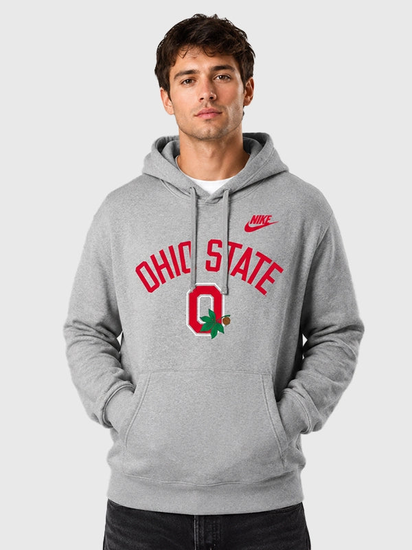Ohio State Nike Legacy Arch Club Gray Hoodie Hoodie unisex front product view | Dash Racegear — Nike Ohio State Legacy Arch Club College Pullover Hoodie in Gray featuring premium comfort and collegiate-inspired everyday style.