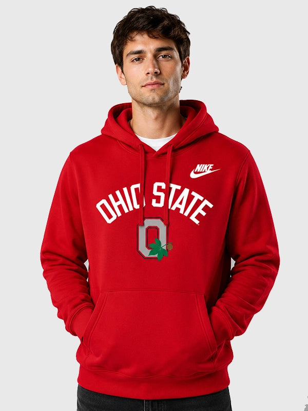 Ohio State Nike Legacy Arch Club Red Hoodie Hoodie unisex front product view | Dash Racegear — Nike Ohio State Legacy Arch Club College Pullover Hoodie in Red featuring premium comfort and collegiate-inspired everyday style.