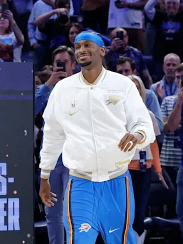 Oklahoma City Thunder 2025 Finals Champions Banner Raising Ceremony Jacket Jacket unisex detail view 3 | Dash Racegear — Stylish white button-up bomber jacket by Nike for Oklahoma City Thunder 2025 champions.