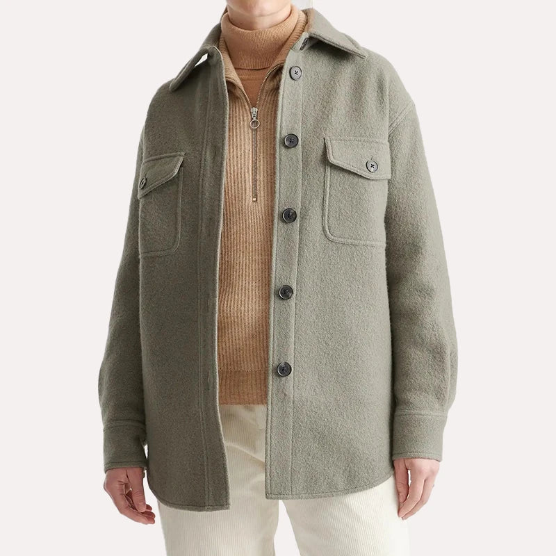 Womens Olive Green Oversized Wool Shirt Shirt women front product view | Dash Racegear — Olive Green Oversized Wool Shirt Jacket