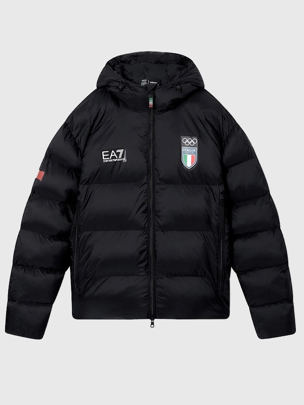 Winter Olympics 2026 Team Italy EA7 Emporio Armani Puffer Jacket Puffer Jacket unisex front product view | Dash Racegear — EA7 Emporio Armani Team Italy Winter Olympics 2026 Black Parachute Puffer Jacket, modern insulated outerwear for athletes…