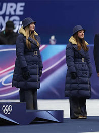 Milano Cortina 2026 Winter Olympics Victory Ceremony Coat Coat unisex front product view | Dash Racegear — Navy blue Winter Olympics 2026 Milano Cortina victory ceremony parachute puffer coat with bold quilted insulation.