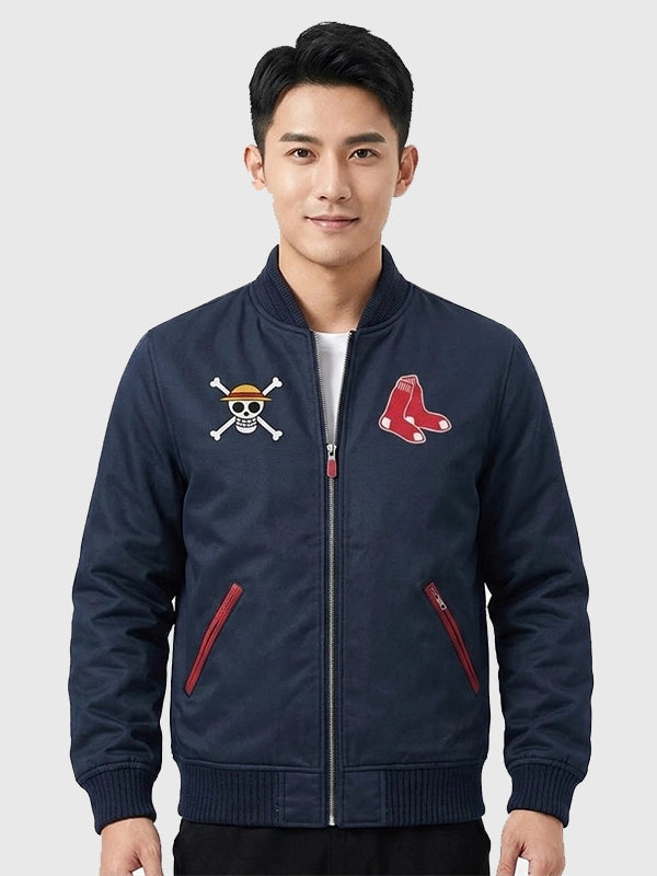 One Piece Red Sox Jacket Jacket unisex front product view | Dash Racegear — Navy blue Boston Red Sox One Piece bomber jacket for 2026 featuring a sporty baseball-inspired design with bold streetwear appeal.
