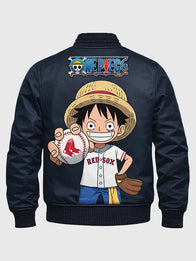 One Piece Red Sox Jacket Jacket unisex detail view 3 | Dash Racegear — A stylish navy blue bomber jacket blending Boston Red Sox energy with One Piece-themed detailing and a modern casual look.