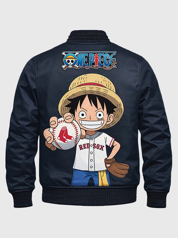 One Piece Red Sox Jacket Jacket unisex detail view 3 | Dash Racegear — A stylish navy blue bomber jacket blending Boston Red Sox energy with One Piece-themed detailing and a modern casual look.