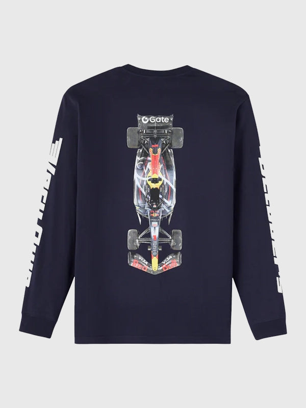 OVO x Oracle Red Bull Racing 2026 Long-Sleeve T-shirt Shirt unisex detail view 2 | Dash Racegear — Navy long sleeve tee with OVO x Red Bull Racing RB21 2026 branding and relaxed everyday fit.