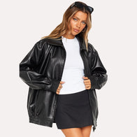 Womens Black Oversized Leather Jacket Leather Jacket women front product view | Dash Racegear — Black Oversized Bomber Jacket for Women