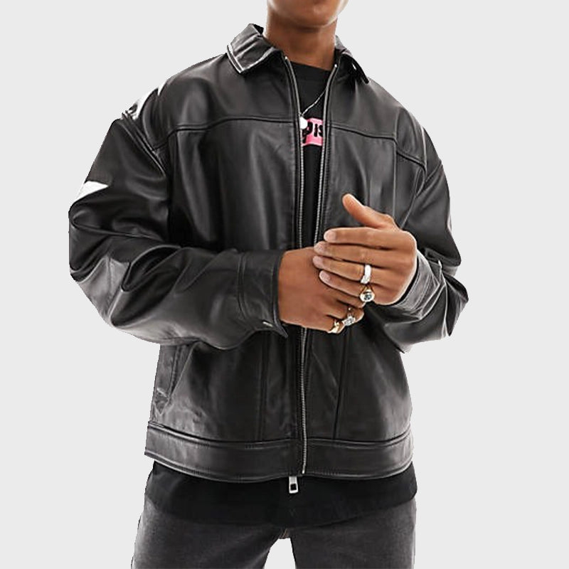 Oversized Black Leather Jacket Men Leather Jacket men front product view | Dash Racegear — Oversized Leather Black Jacket Men