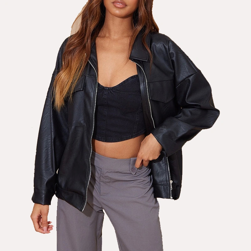 Womens Black Oversized Faux Leather Jacket Leather Jacket women detail view 2 | Dash Racegear — Oversized Women's Black Leather Jacket