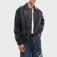 Oversized Faux Leather Bomber Jacket Bomber Jacket unisex front product view | Dash Racegear — Mens Faux Leather Oversized Black Bomber Jacket