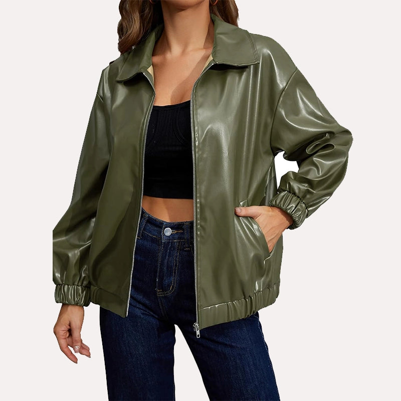 Womens Green Oversized Bomber Jacket Bomber Jacket women front product view | Dash Racegear — Women's Oversized Green Faux Leather Bomber Jacket