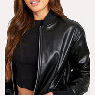 Oversized Womens Black Bomber Leather Jacket Leather Jacket women detail view 2 | Dash Racegear — Black Faux Leather Oversized Womens Bomber Leather Jacket