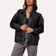 Womens Black Oversized Faux Leather Jacket Leather Jacket women front product view | Dash Racegear — Oversized Black Leather Jacket for Women