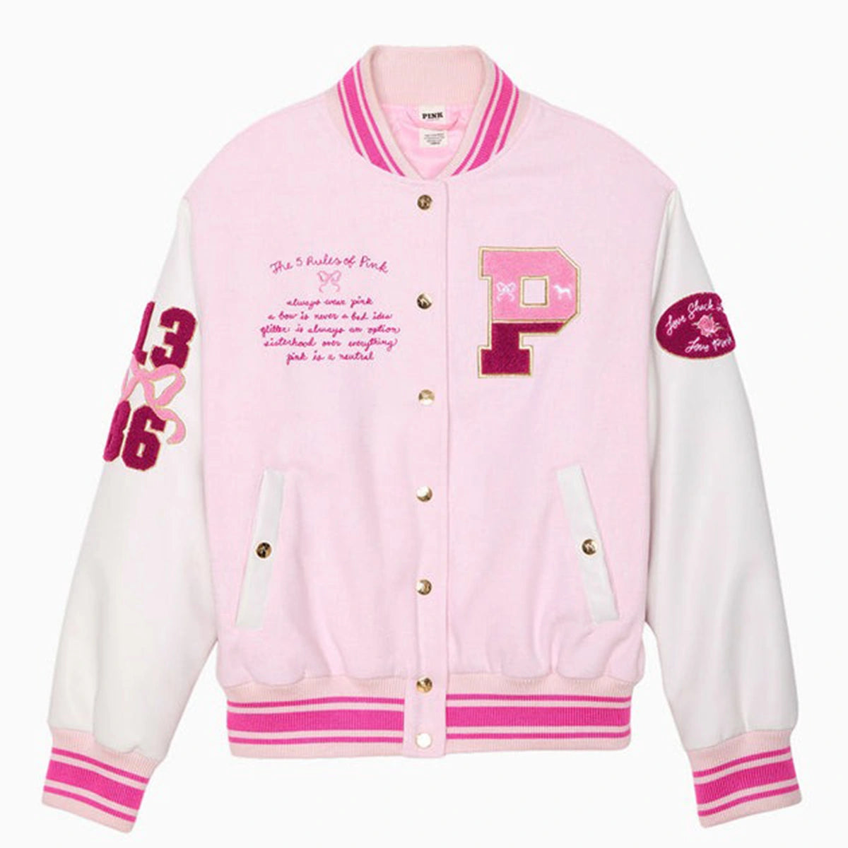 PINK x LoveShackFancy Reissued Boyfriend Varsity Jacket Varsity Jacket unisex detail view 6 | Dash Racegear — Classic Varsity Style: PINK x LoveShackFancy Reissued Boyfriend Jacket