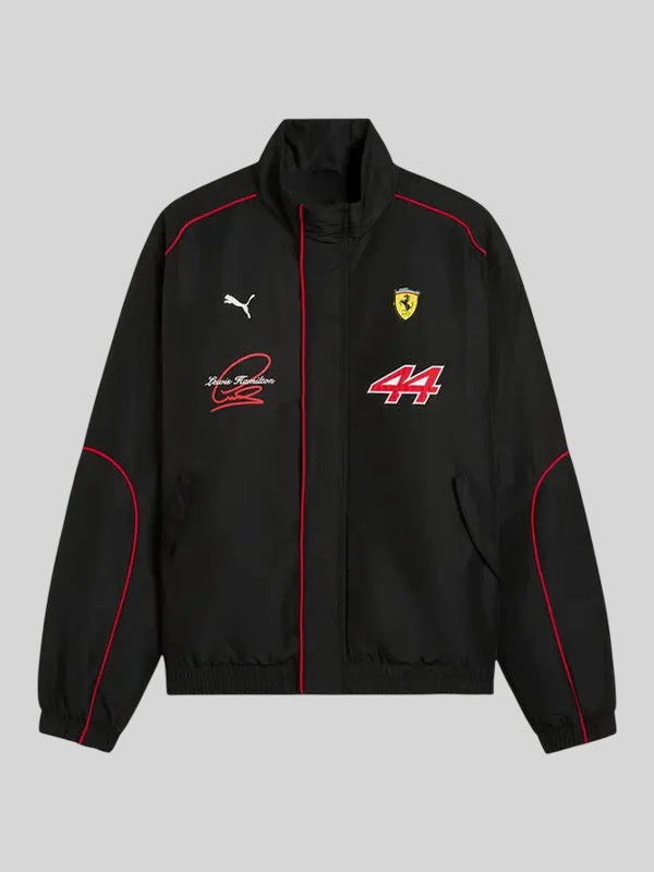 PUMA Ferrari F1 Lewis Hamilton Jacket Jacket unisex front product view | Dash Racegear — Black Lewis Hamilton PUMA x Ferrari F1 track jacket with lightweight design, built for speed and comfort.