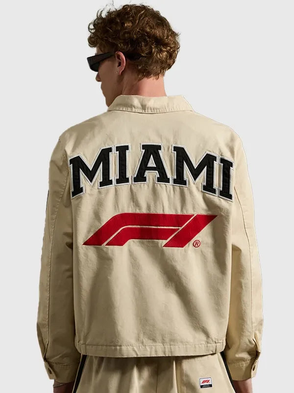 Formula 1 x Pacsun Miami Work Jacket Jacket unisex detail view 4 | Dash Racegear — Tan brown F1 Miami Grand Prix x Pacsun unisex jacket, tough workwear build designed for motorsport culture and urban wear