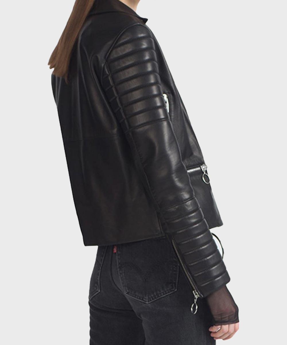 Womens Padded Sleeves Black Motorcycle Jacket Biker Jacket women detail view 2 | Dash Racegear — Womens Black Padded Sleeves Motorcycle Jacket