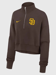 San Diego Padres Nike Primetime Phoenix Fleece Half-Zip Sweatshirt Sweatshirt unisex front product view | Dash Racegear — Women's Nike Padres brown Primetime Phoenix fleece sweatshirt with half-zip design for casual fan style.