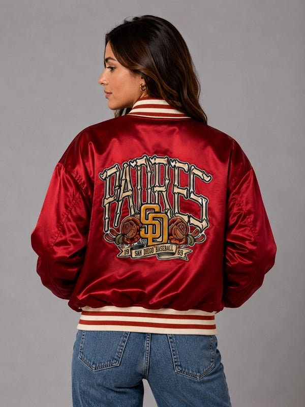 San Diego Padres x Petco Park Satin Jacket Jacket unisex detail view 5 | Dash Racegear — Petco Park x Padres red bomber with smooth satin exterior, baseball club insignia, and striped knit borders