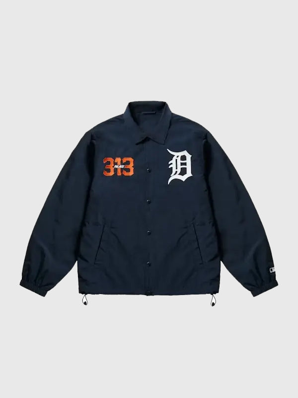 Palace x Detroit Tigers 2026 Coach Jacket Jacket unisex front product view | Dash Racegear — Palace x Detroit Tigers 2026 Blue Coach Jacket featuring a lightweight feel, relaxed fit, and classic sports-inspired streetwear style.