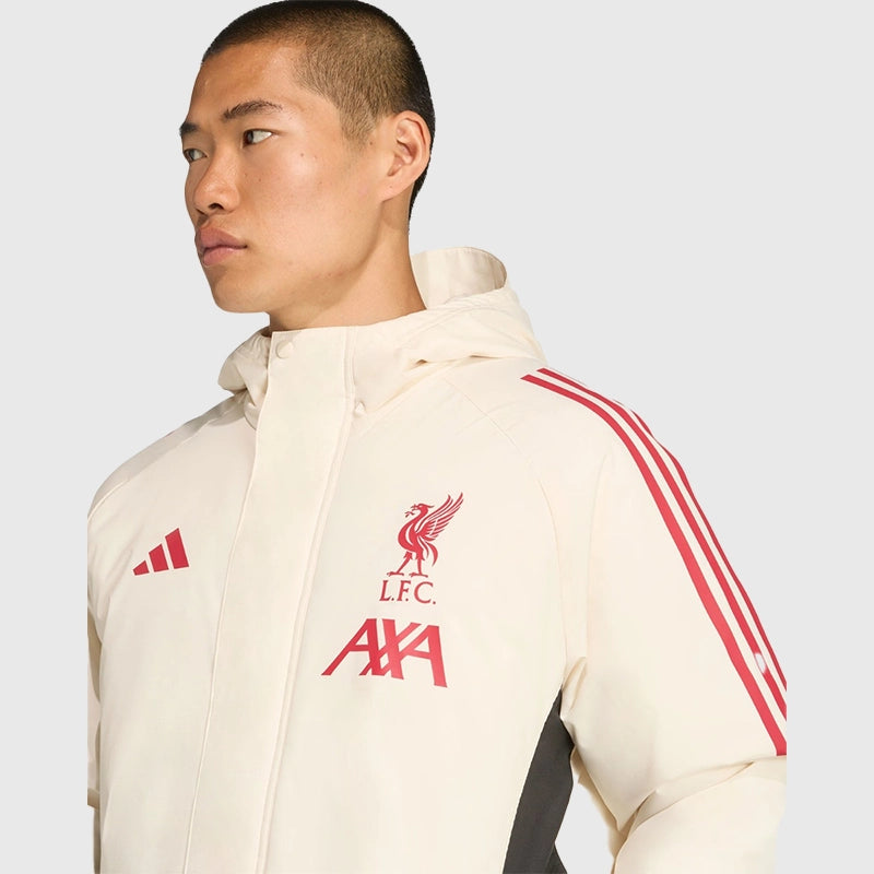 LFC Adidas 25/26 Domestic Long Match Day Jacket Jacket unisex detail view 5 | Dash Racegear — 2025/26 LFC match day outerwear in a two-tone beige color scheme