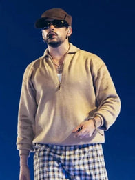 Bad Bunny x J Balvin Final Show Paris 2026 Jacket Jacket unisex front product view | Dash Racegear — J Balvin x Bad Bunny Final Show Paris 2026 Beige Quarter-Zip Jacket with a sleek modern streetwear silhouette.